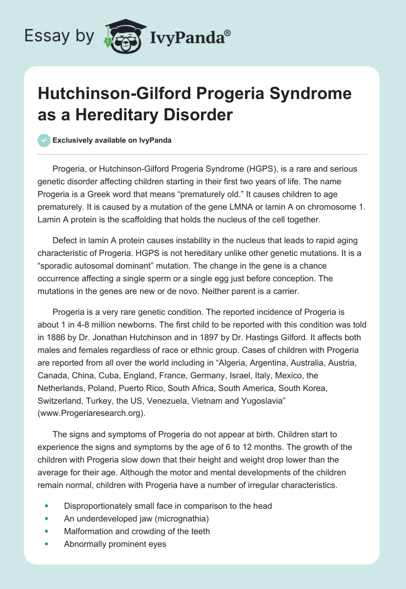Hutchinson-Gilford Progeria Syndrome as a Hereditary Disorder. Page 1
