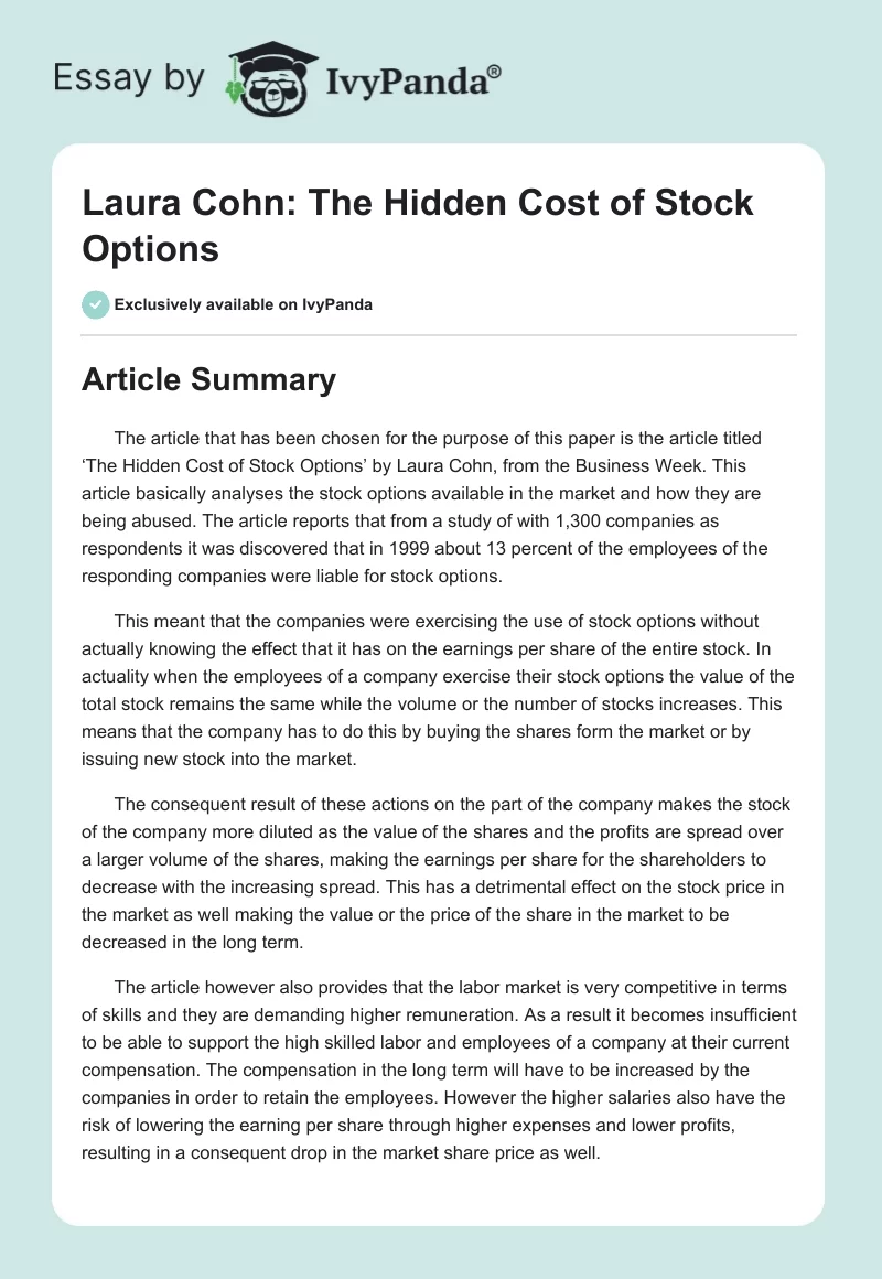 Laura Cohn: The Hidden Cost of Stock Options. Page 1