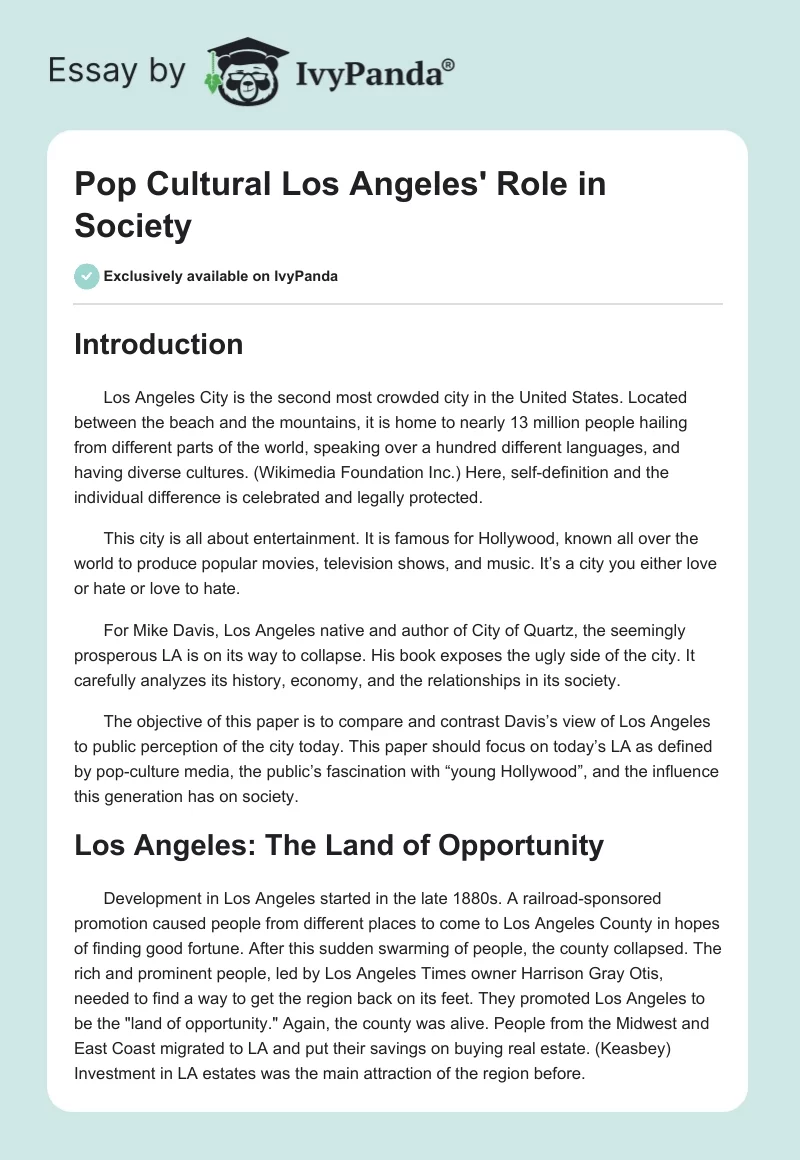 Pop Cultural Los Angeles' Role in Society. Page 1