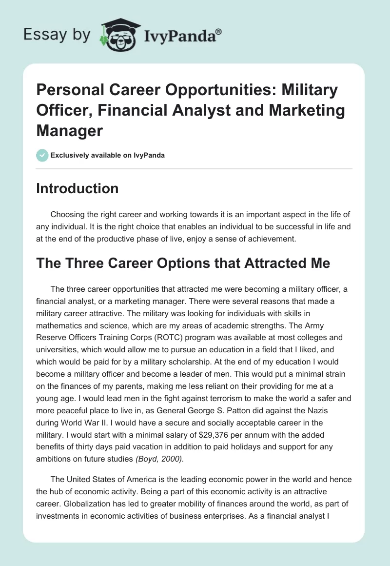 Personal Career Opportunities: Military Officer, Financial Analyst and Marketing Manager. Page 1