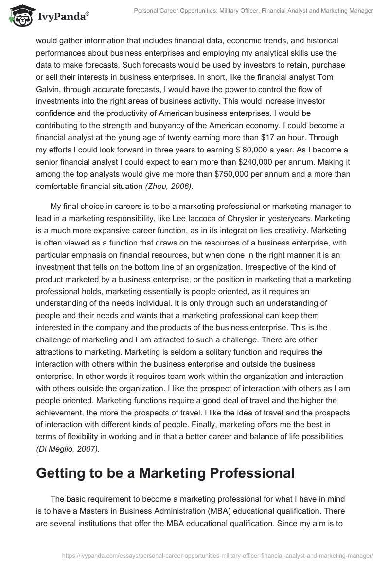 Personal Career Opportunities: Military Officer, Financial Analyst and Marketing Manager. Page 2