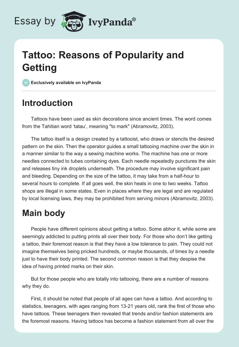 Tattoo: Reasons of Popularity and Getting. Page 1