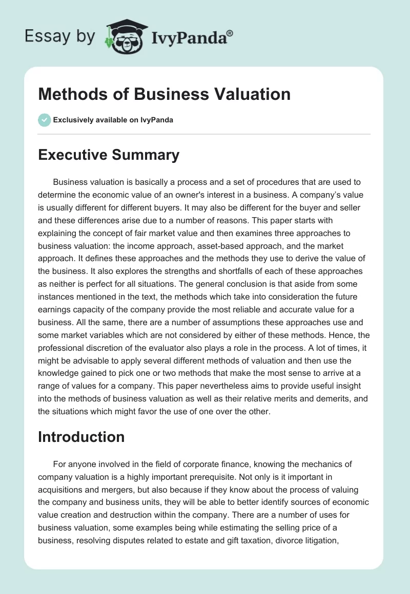 Methods of Business Valuation. Page 1