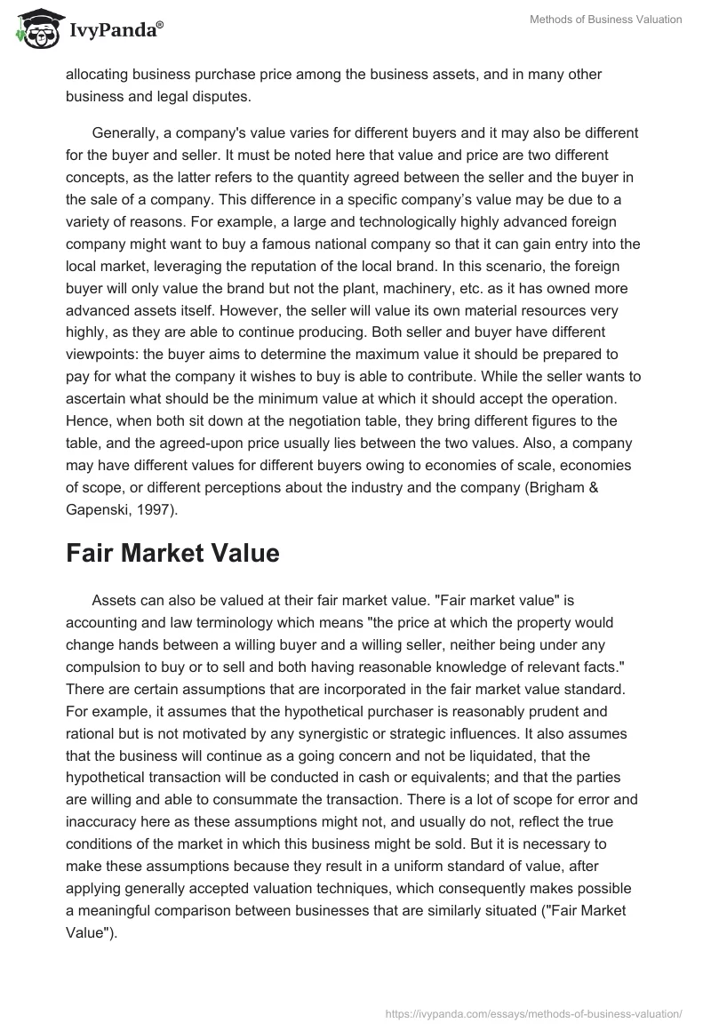 Methods of Business Valuation. Page 2