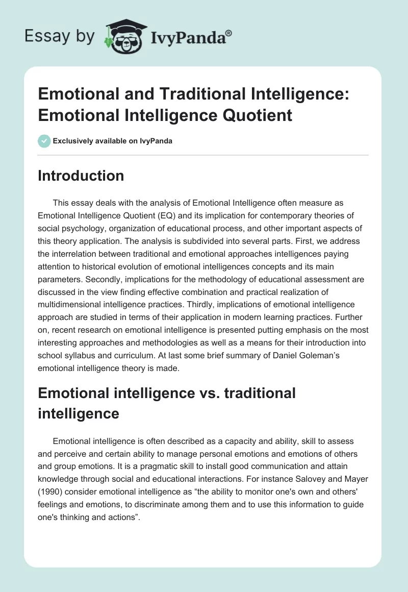 Emotional and Traditional Intelligence: Emotional Intelligence Quotient. Page 1