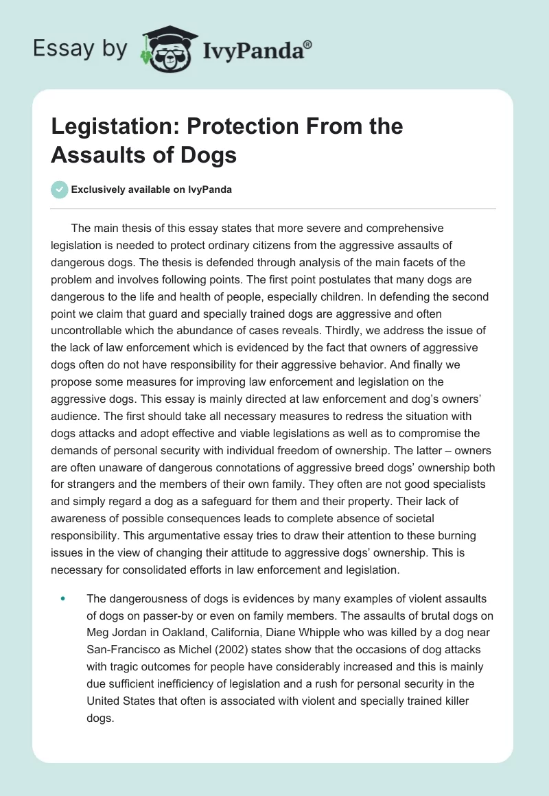 Legistation: Protection From the Assaults of Dogs. Page 1