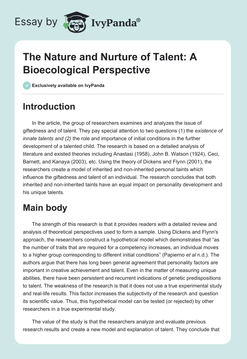 The Nature and Nurture of Talent: A Bioecological Perspective. Page 1