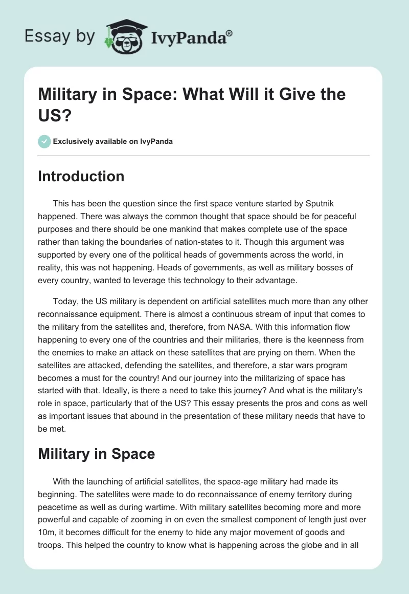 Military in Space: What Will It Give the US?. Page 1