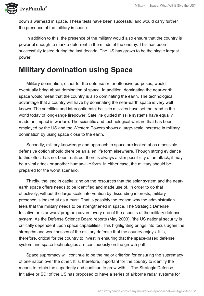 Military in Space: What Will It Give the US?. Page 3