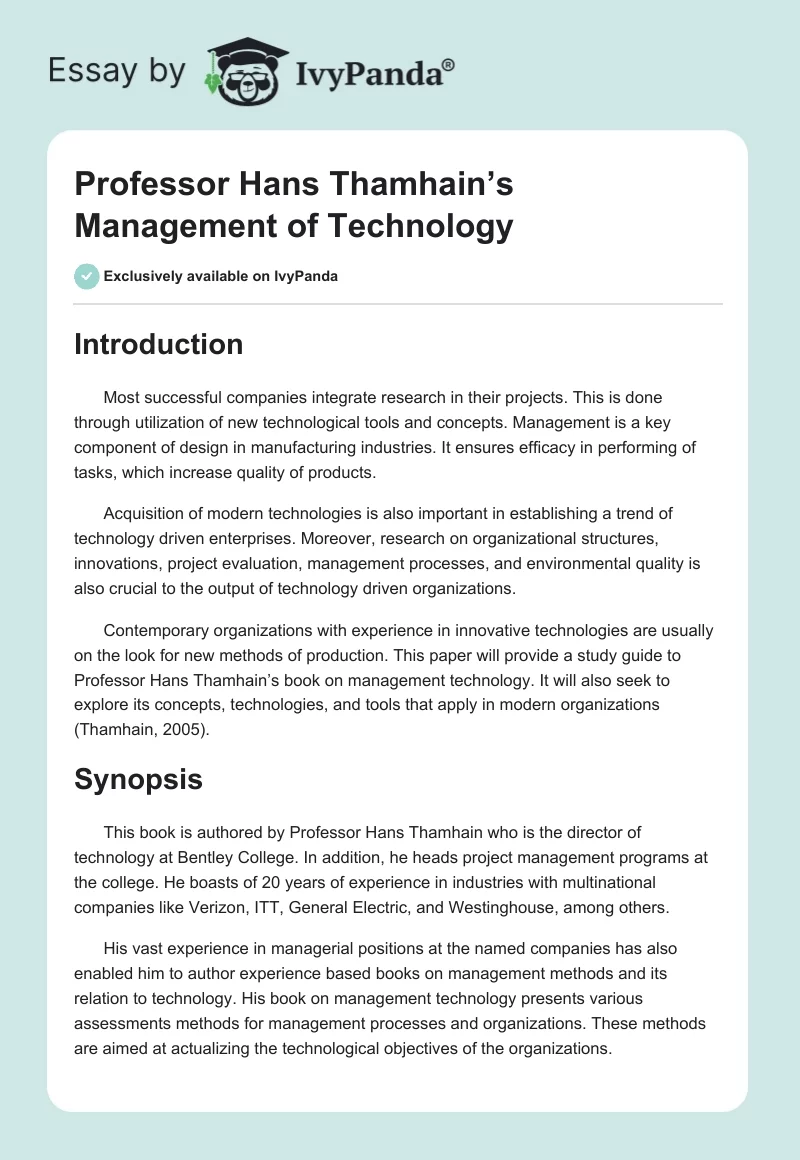 Professor Hans Thamhain’s "Management of Technology". Page 1