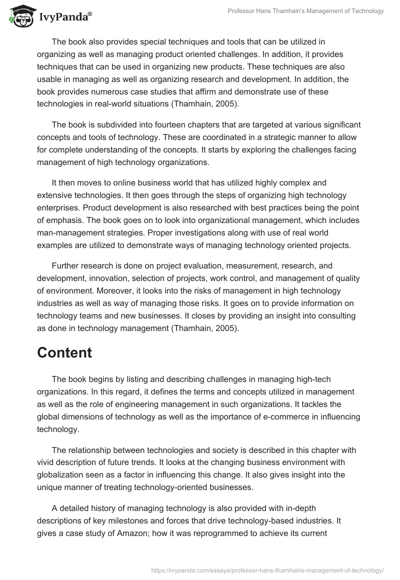 Professor Hans Thamhain’s "Management of Technology". Page 2