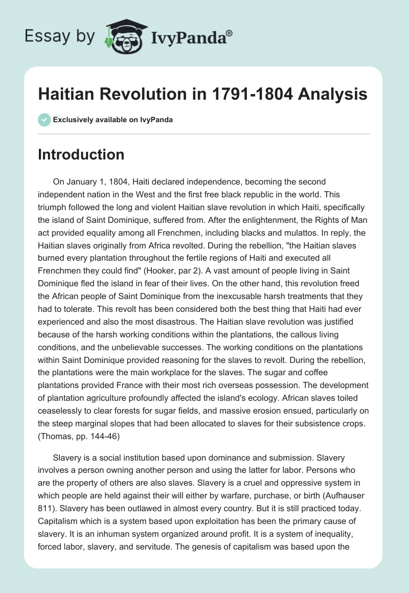 Haitian Revolution in 1791-1804 Analysis. Page 1
