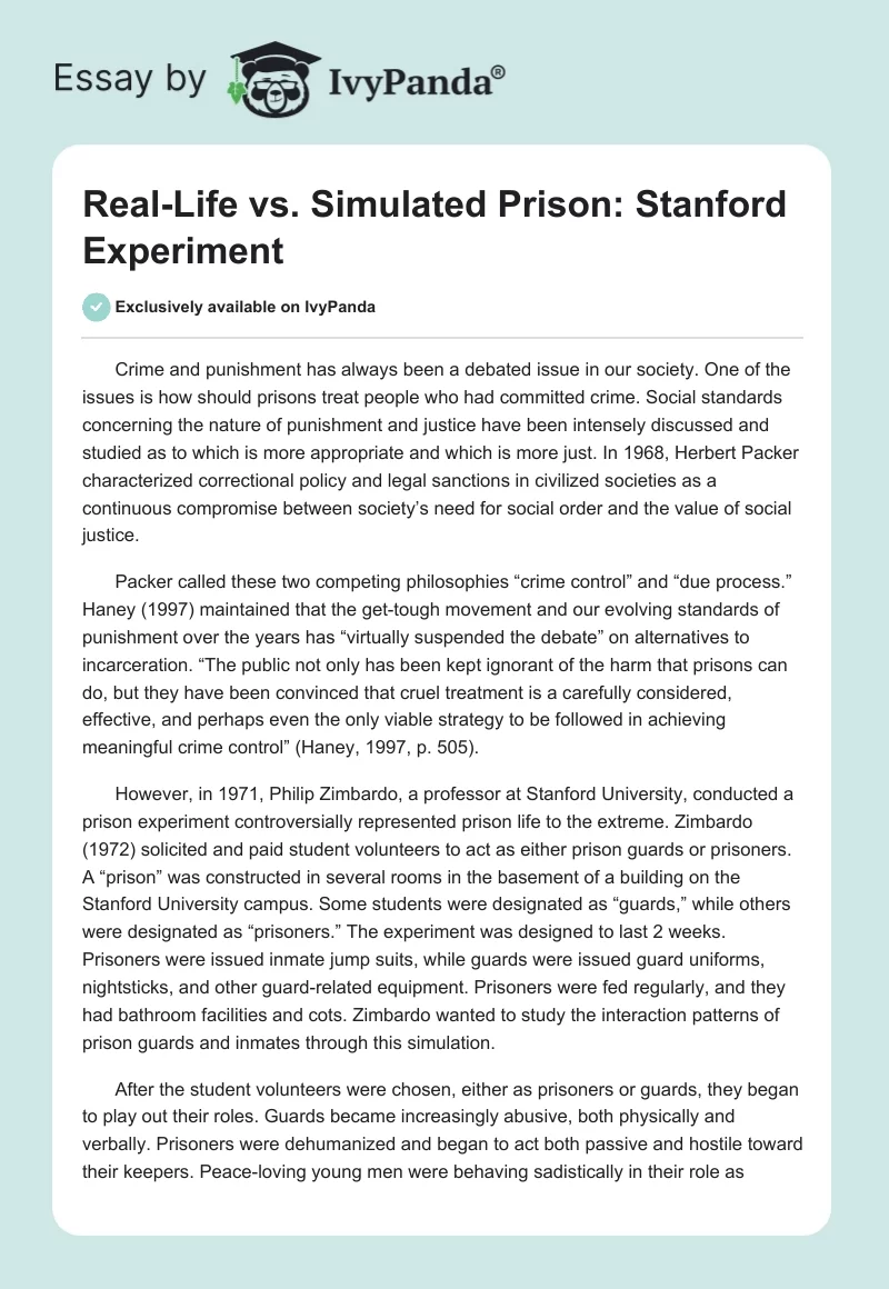 Real-Life vs. Simulated Prison: Stanford Experiment. Page 1