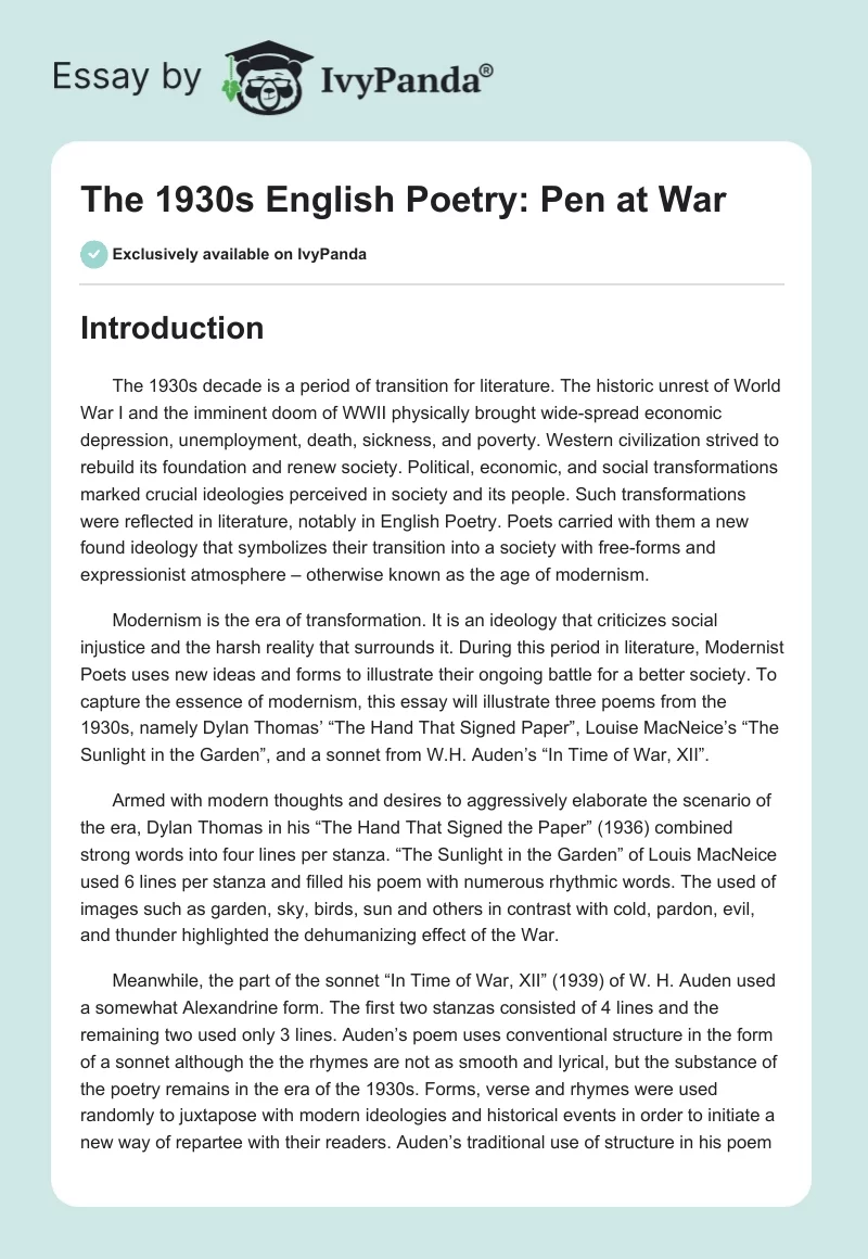 The 1930s English Poetry: Pen at War. Page 1