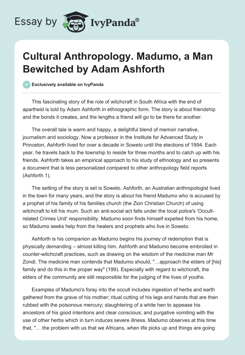 Cultural Anthropology. Madumo, a Man Bewitched by Adam Ashforth. Page 1