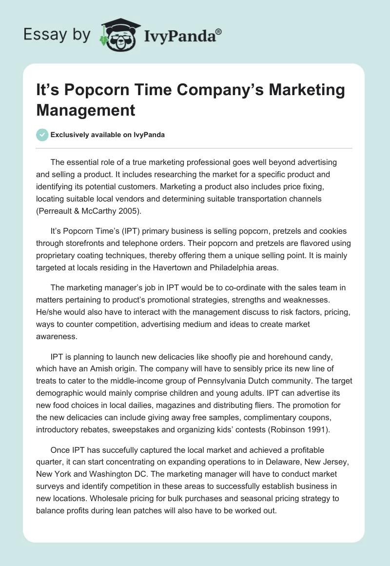 It’s Popcorn Time Company’s Marketing Management. Page 1