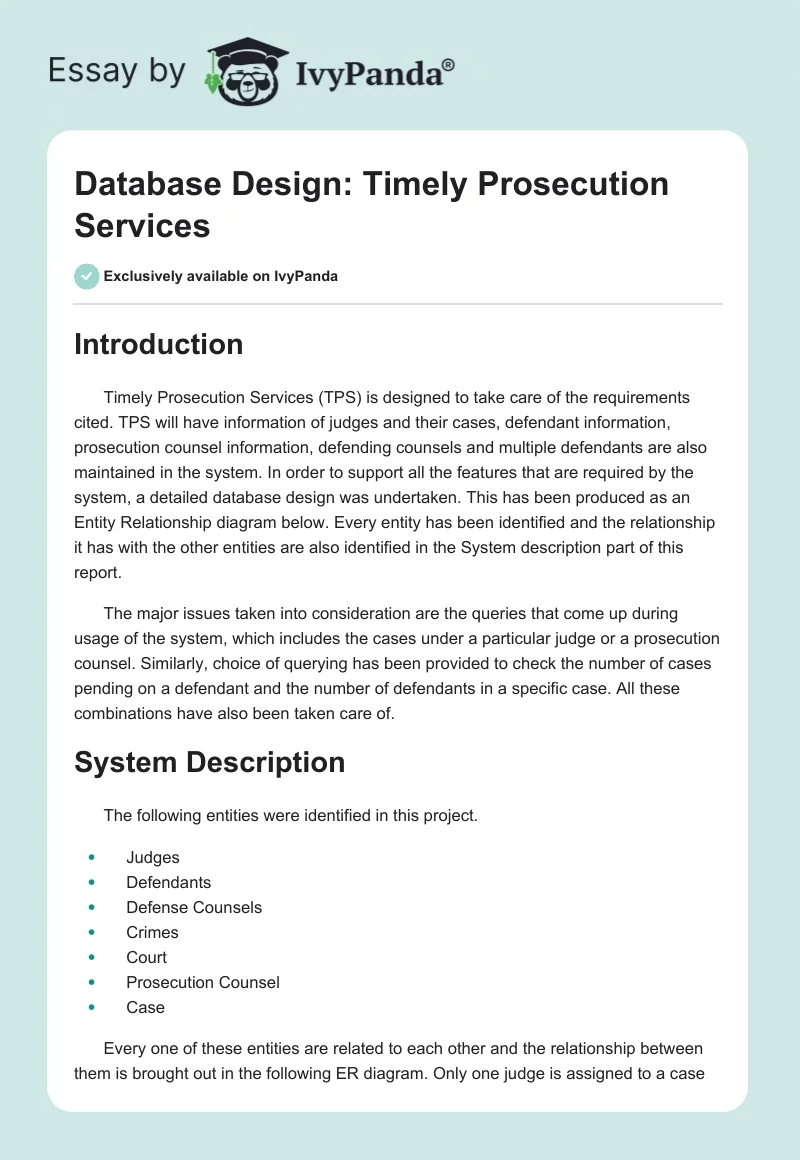 Database Design: Timely Prosecution Services. Page 1