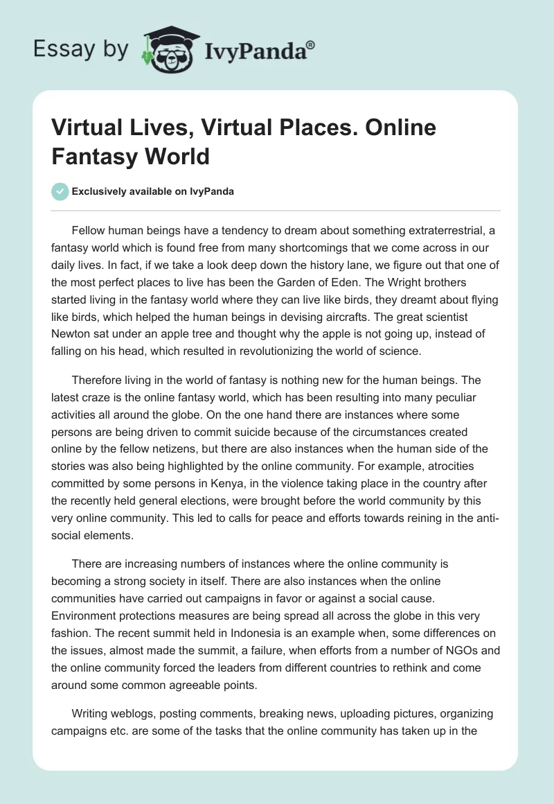 Virtual Lives, Virtual Places. Online Fantasy World. Page 1