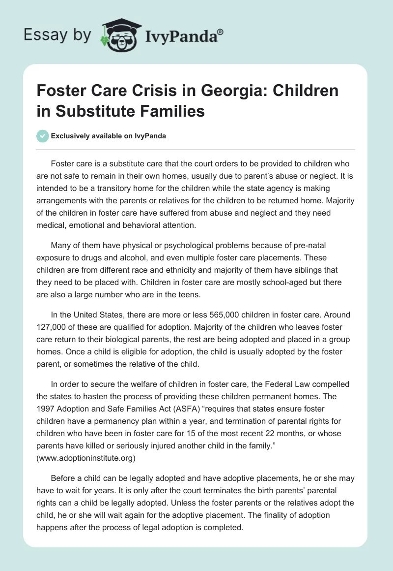 Foster Care Crisis in Georgia: Children in Substitute Families. Page 1