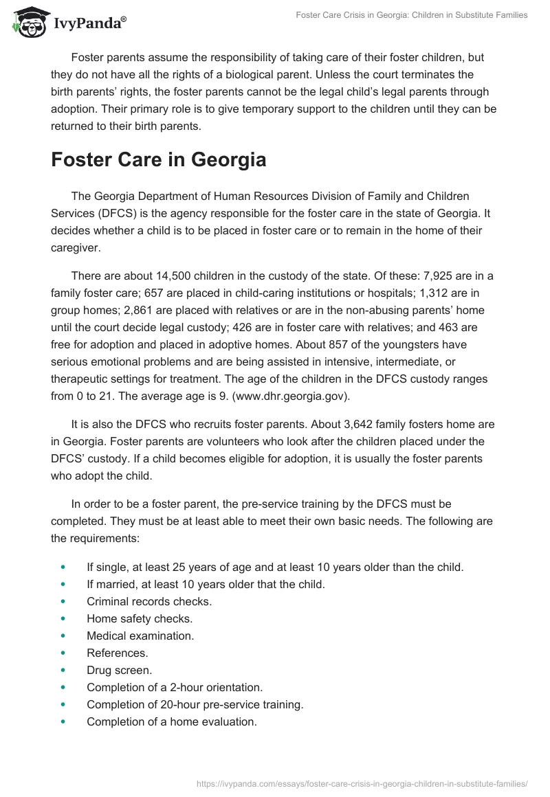 Foster Care Crisis in Georgia: Children in Substitute Families. Page 2