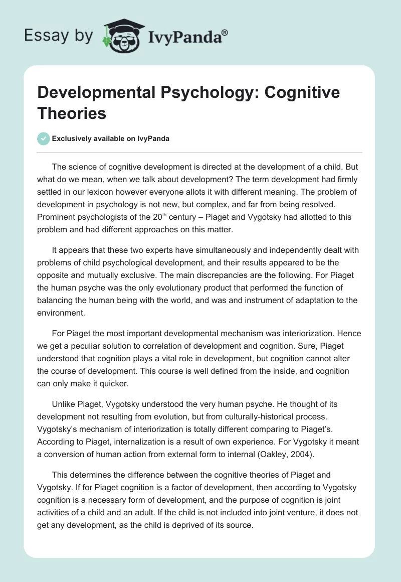 Developmental Psychology: Cognitive Theories. Page 1