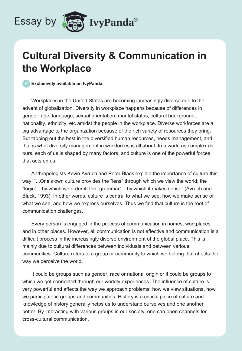 Cultural Diversity & Communication in the Workplace. Page 1