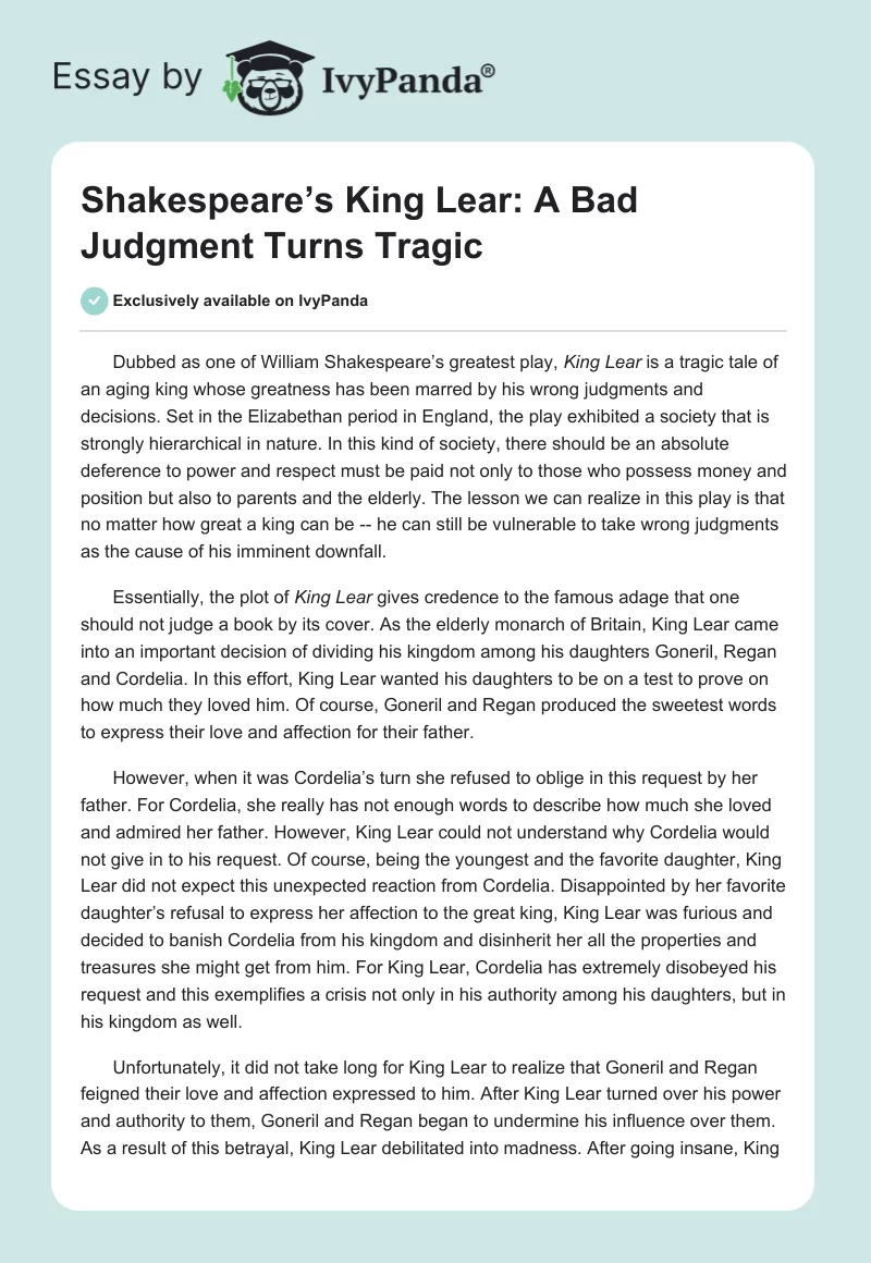 Shakespeare’s King Lear: A Bad Judgment Turns Tragic. Page 1