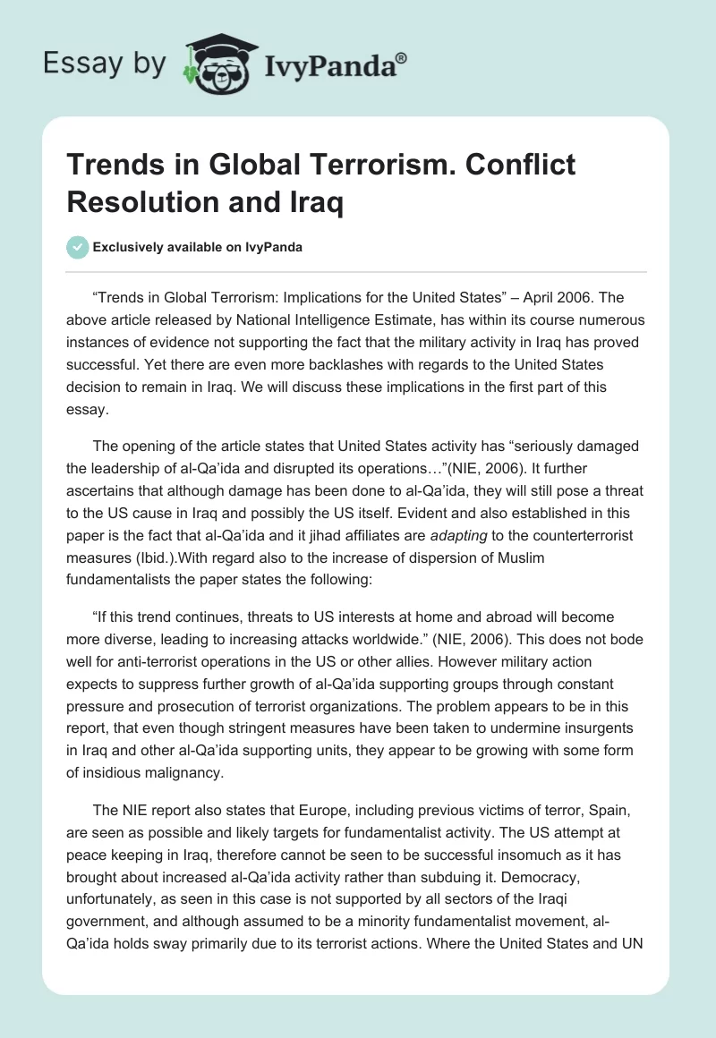 Trends in Global Terrorism. Conflict Resolution and Iraq. Page 1