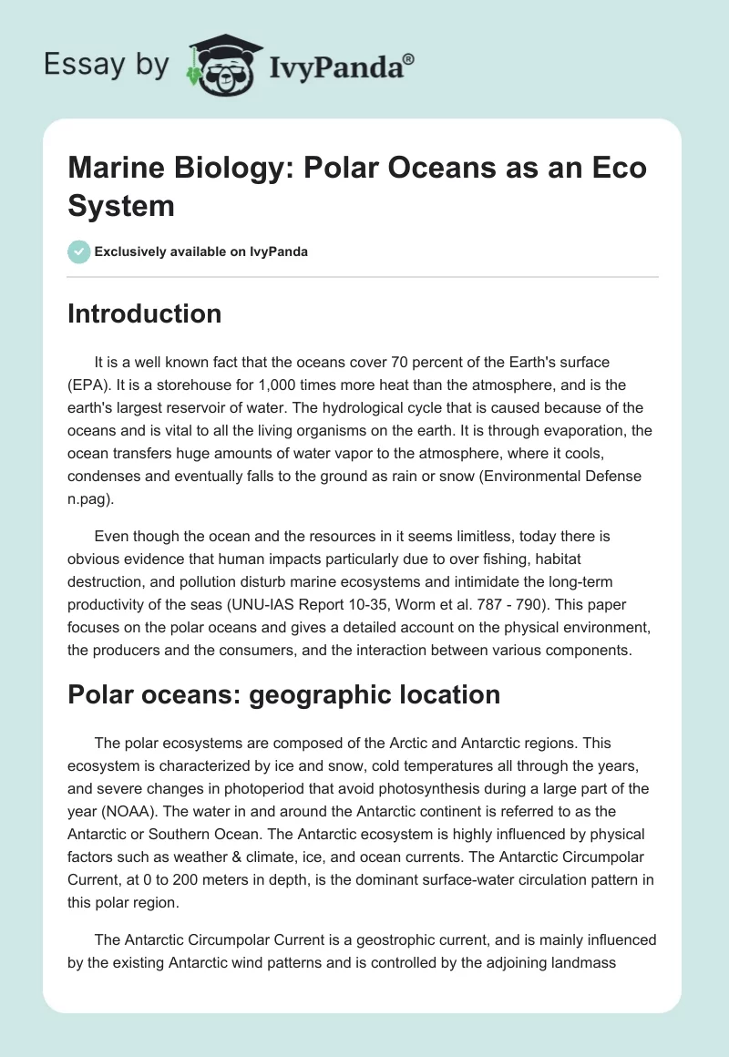 Marine Biology: Polar Oceans as an Eco System. Page 1