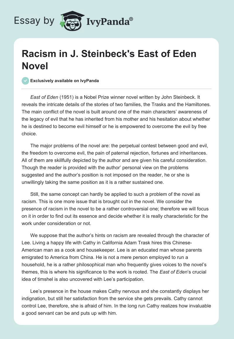 Racism in J. Steinbeck's "East of Eden" Novel. Page 1