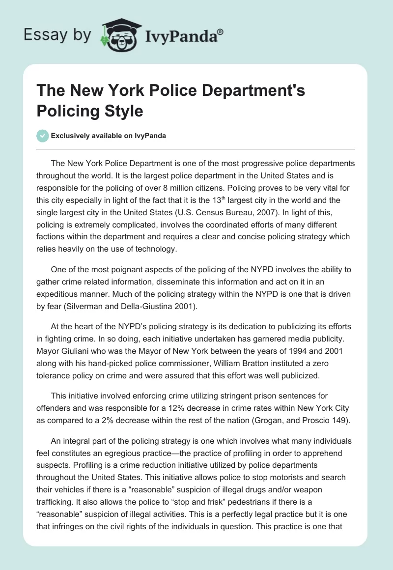 The New York Police Department's Policing Style. Page 1