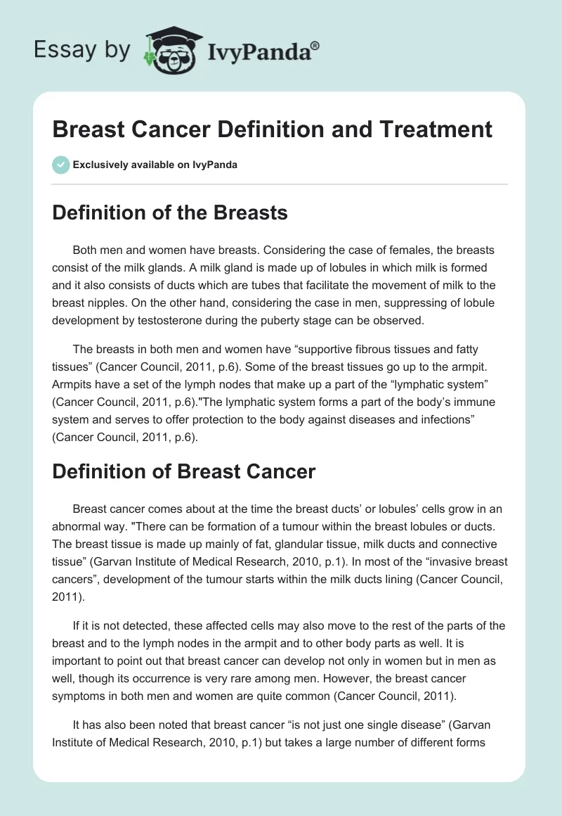 Breast Cancer Definition and Treatment. Page 1