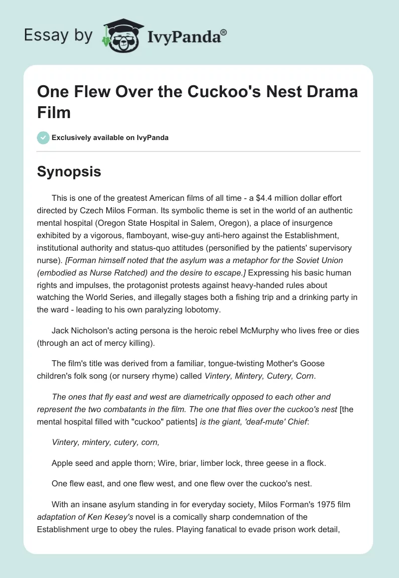 "One Flew Over the Cuckoo's Nest" Drama Film. Page 1