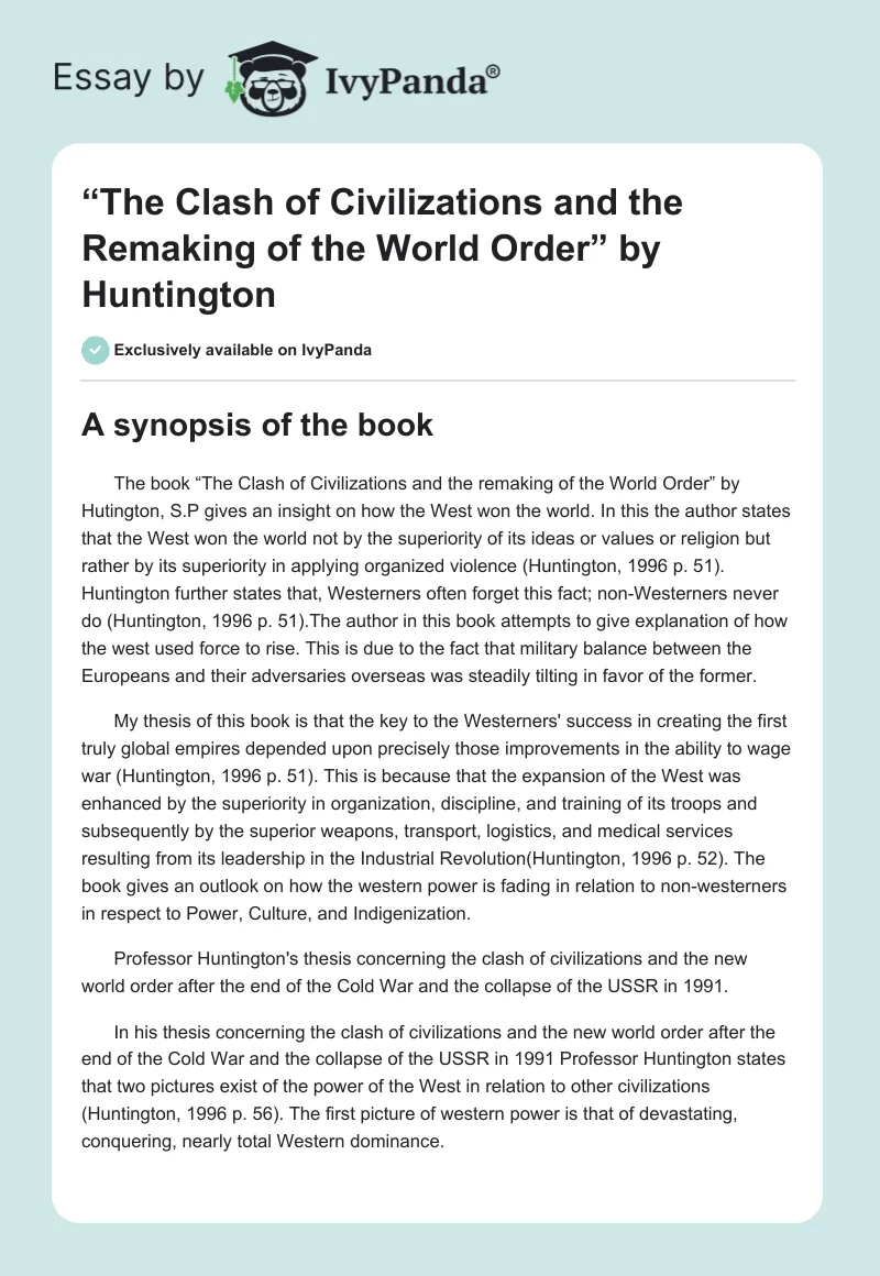 “The Clash of Civilizations and the Remaking of the World Order” by Huntington. Page 1