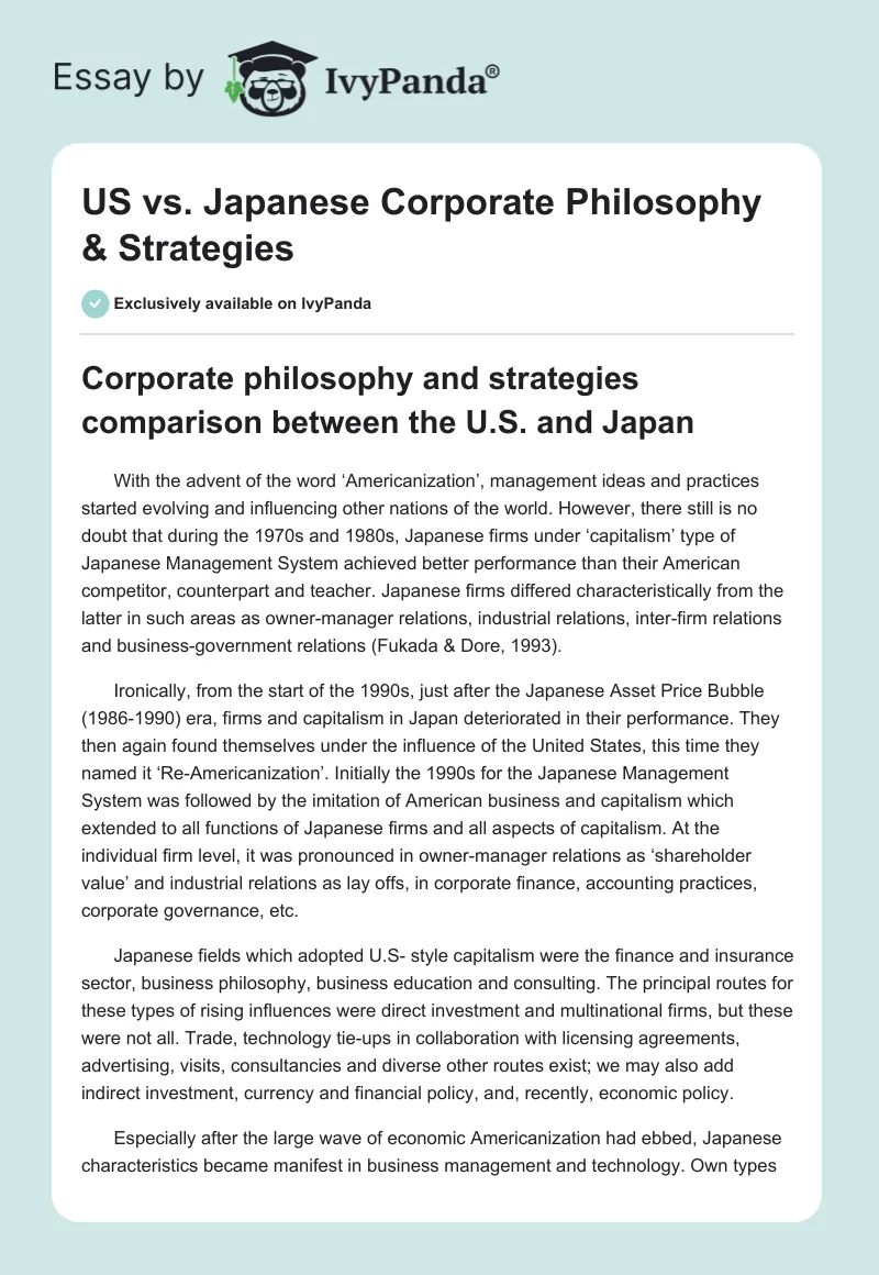 US vs. Japanese Corporate Philosophy & Strategies. Page 1