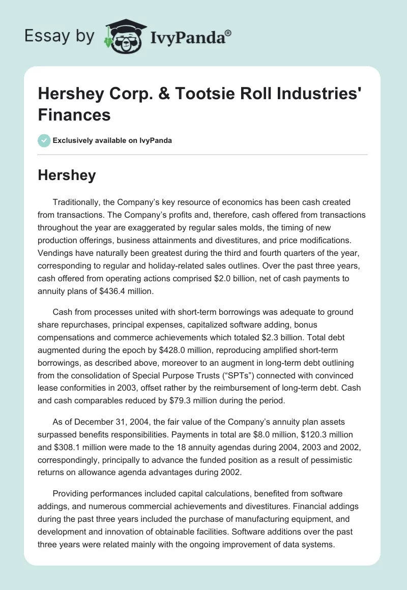 Hershey Corp. & Tootsie Roll Industries' Finances. Page 1