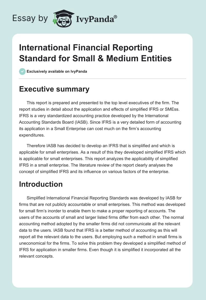International Financial Reporting Standard for Small & Medium Entities. Page 1