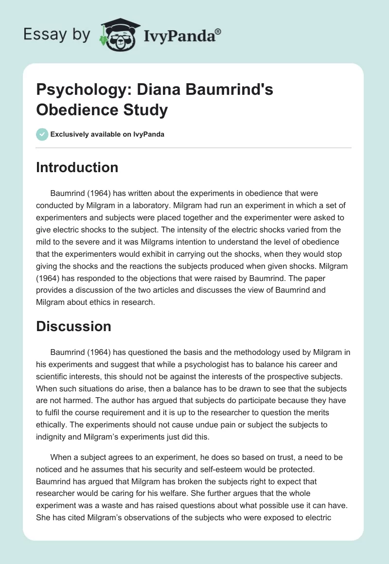 Psychology: Diana Baumrind's Obedience Study. Page 1