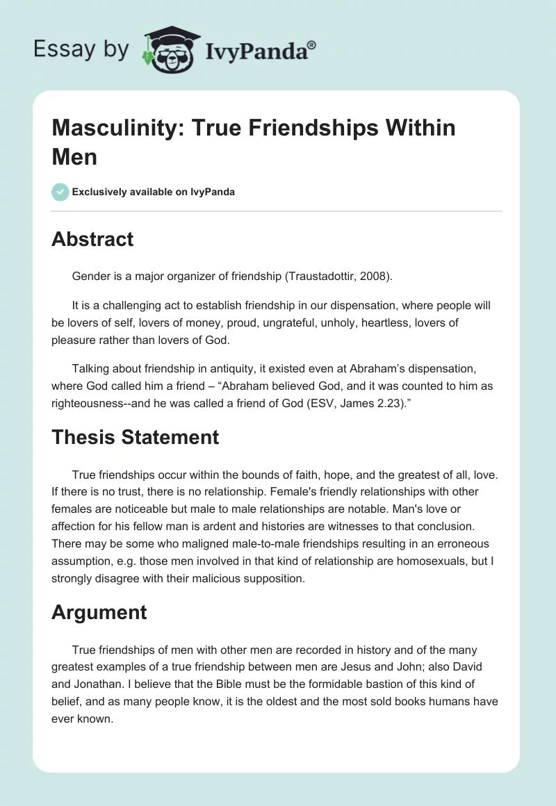 Masculinity: True Friendships Within Men. Page 1