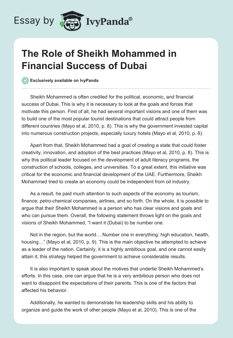 The Role of Sheikh Mohammed in Financial Success of Dubai. Page 1