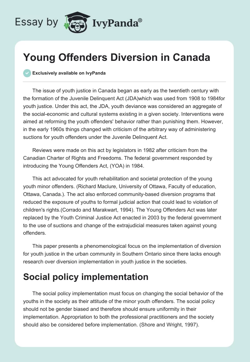 Young Offenders Diversion in Canada. Page 1