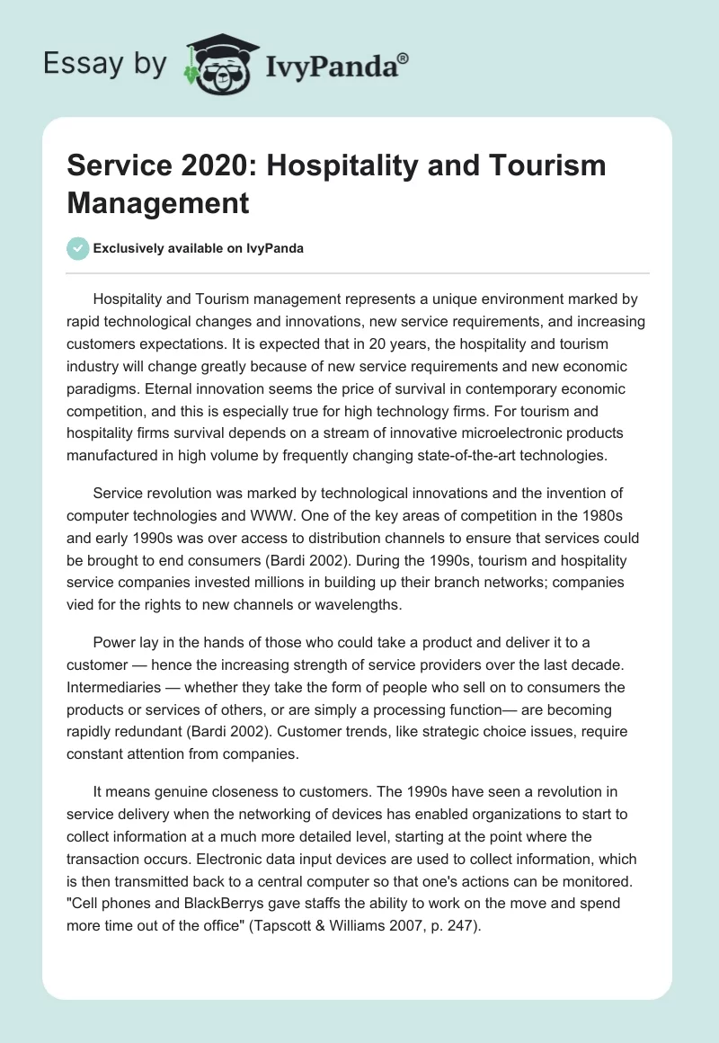 Service 2020: Hospitality and Tourism Management. Page 1