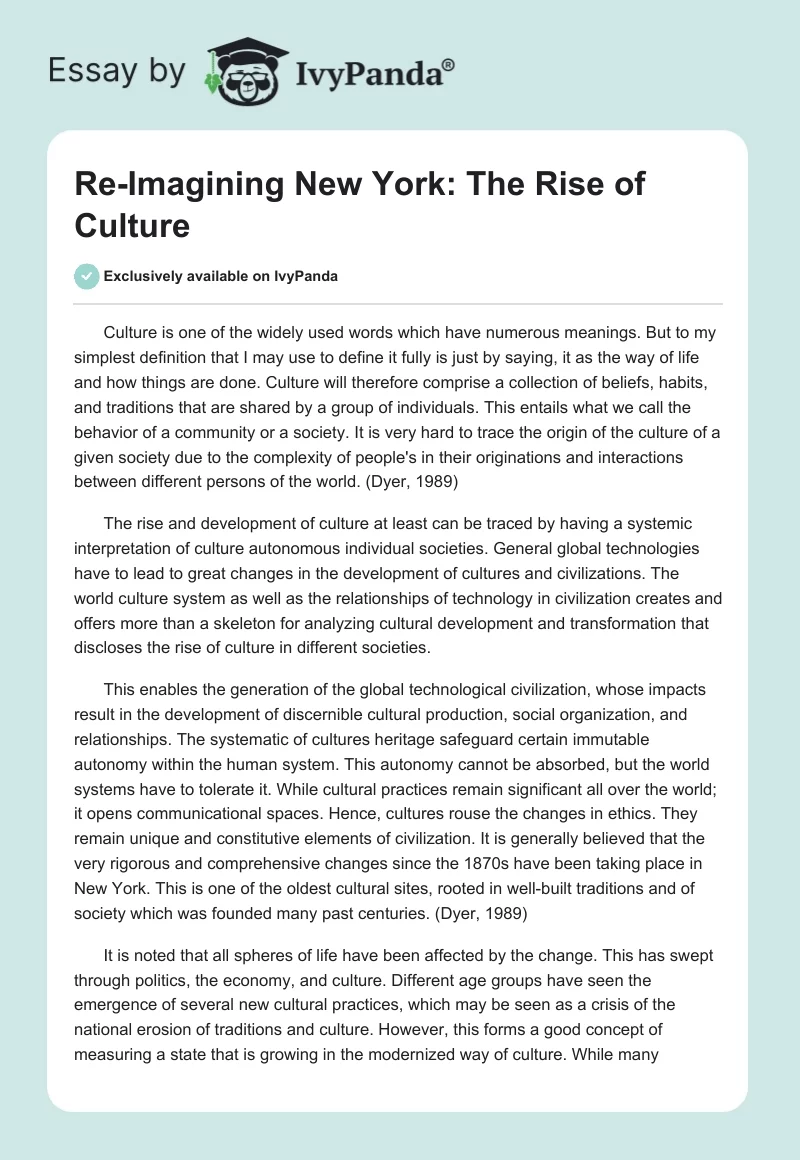 Re-Imagining New York: The Rise of Culture. Page 1