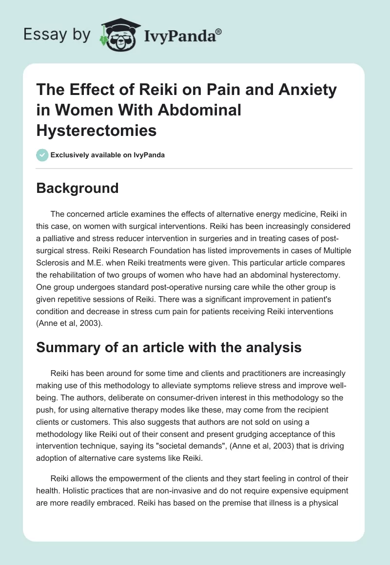 "The Effect of Reiki on Pain and Anxiety in Women With Abdominal Hysterectomies". Page 1