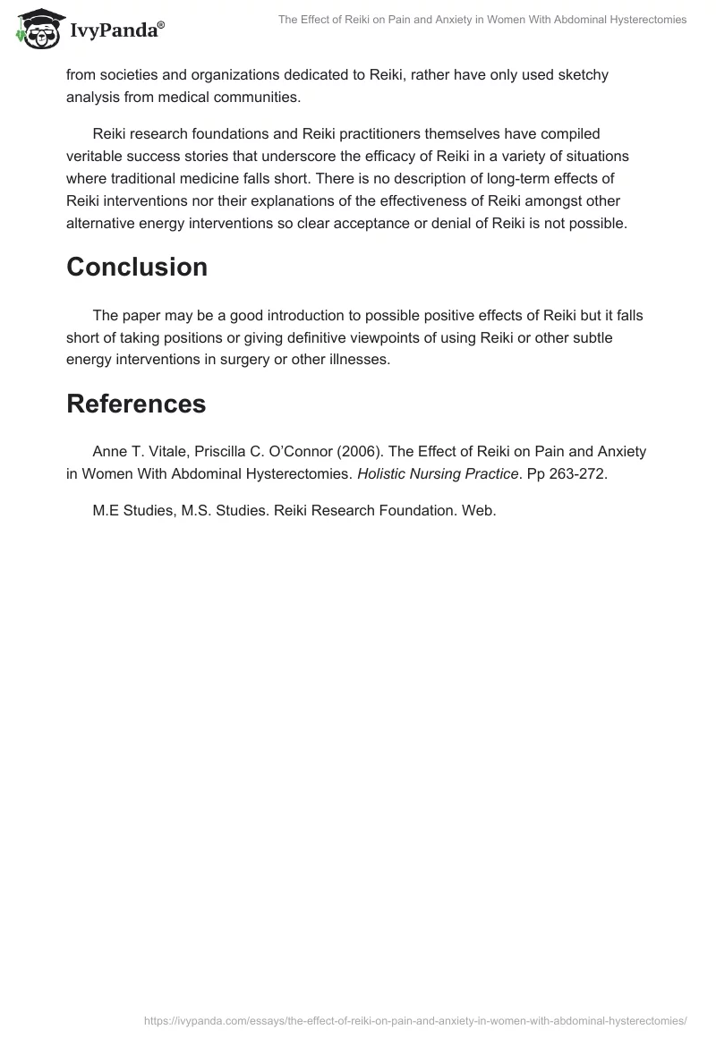 "The Effect of Reiki on Pain and Anxiety in Women With Abdominal Hysterectomies". Page 5