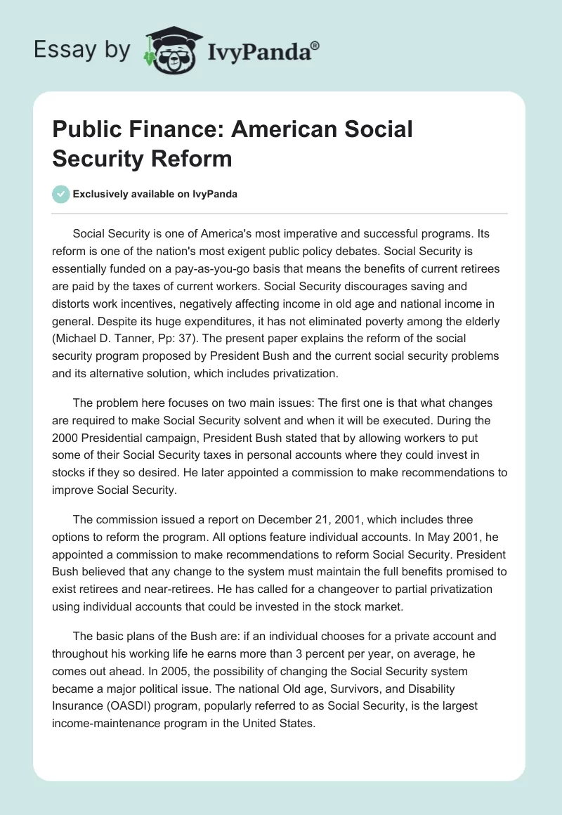 Public Finance: American Social Security Reform. Page 1