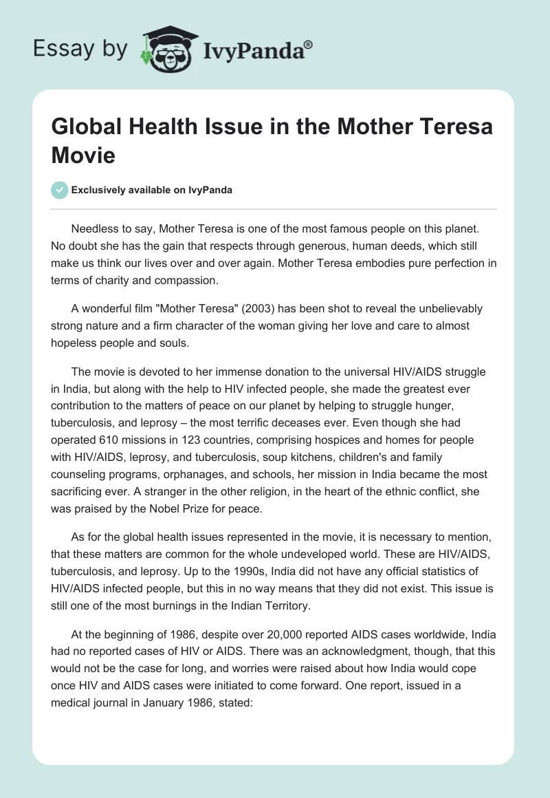 Global Health Issue in the "Mother Teresa" Movie. Page 1