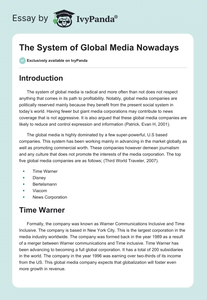 The System of Global Media Nowadays. Page 1