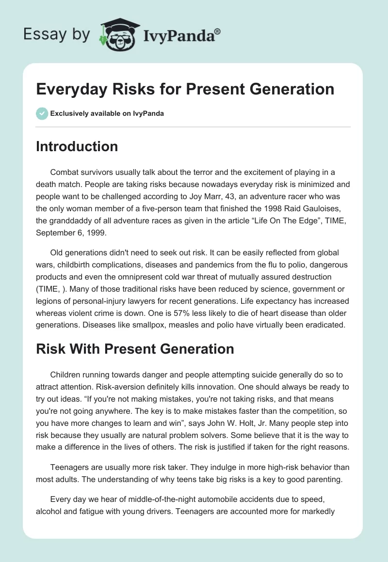 Everyday Risks for Present Generation. Page 1