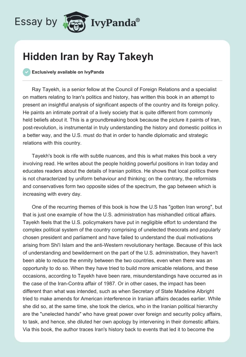 "Hidden Iran" by Ray Takeyh. Page 1